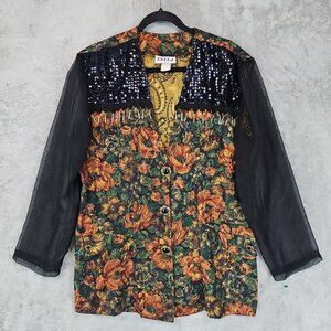Vintage 80s Kelly Fashion Jacquard Top Womens XL Floral Gaudy Embellished Retro